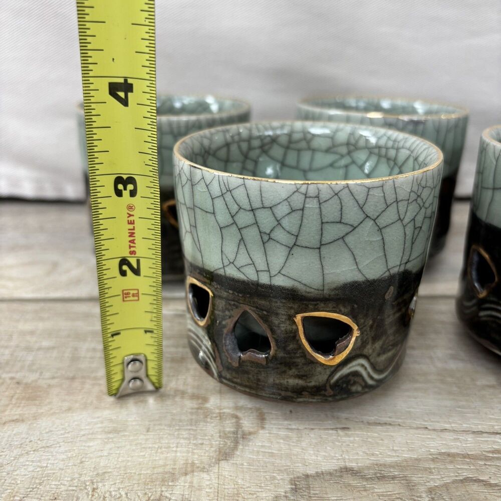 Vintage Somayaki Soma Ware Japan Double Wall Hearts Tea Cups Gold Horse Set of 7 - Picture 15 of 15